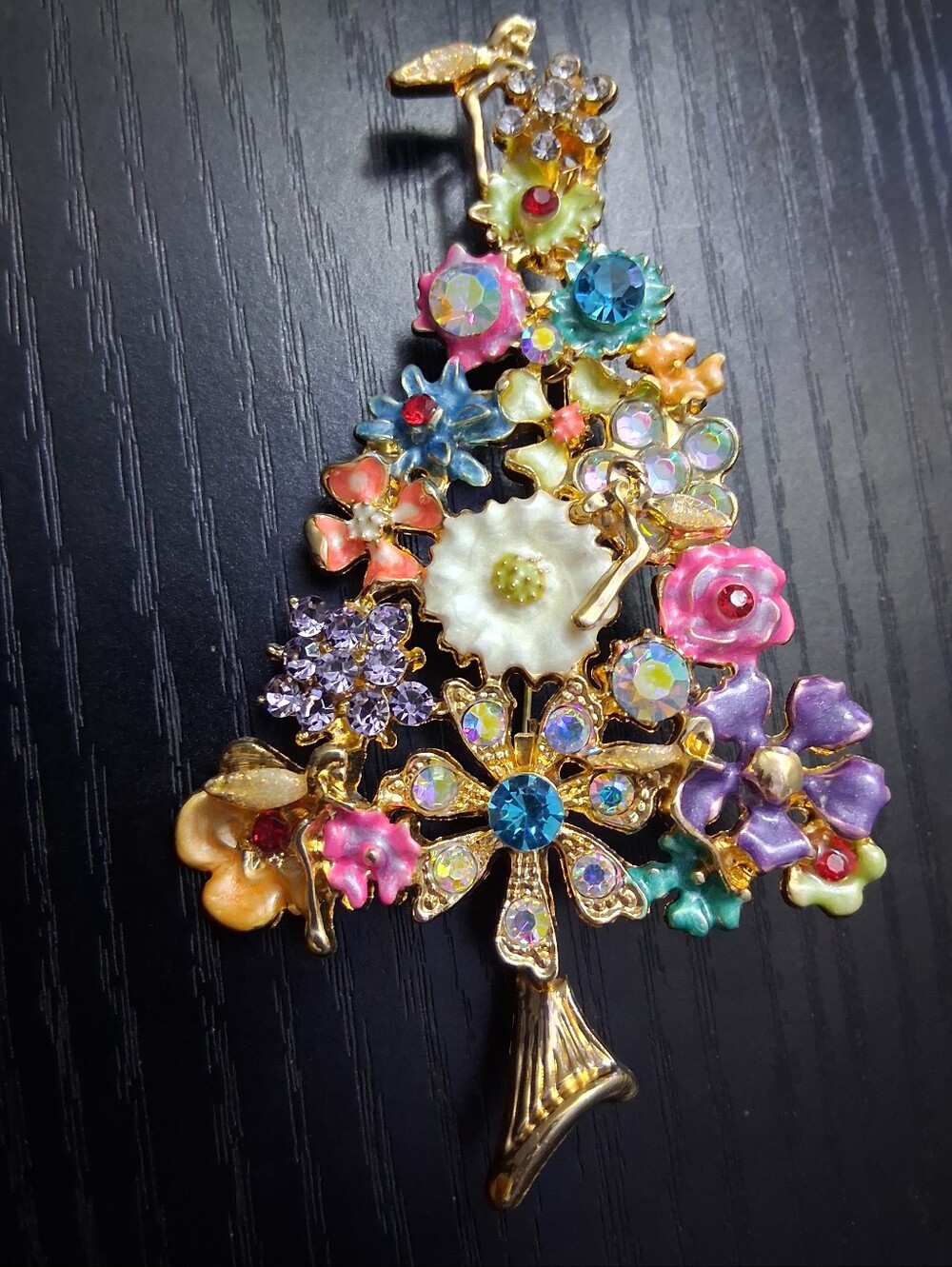 Multicolor Floral Tree Brooch - Gold Tone